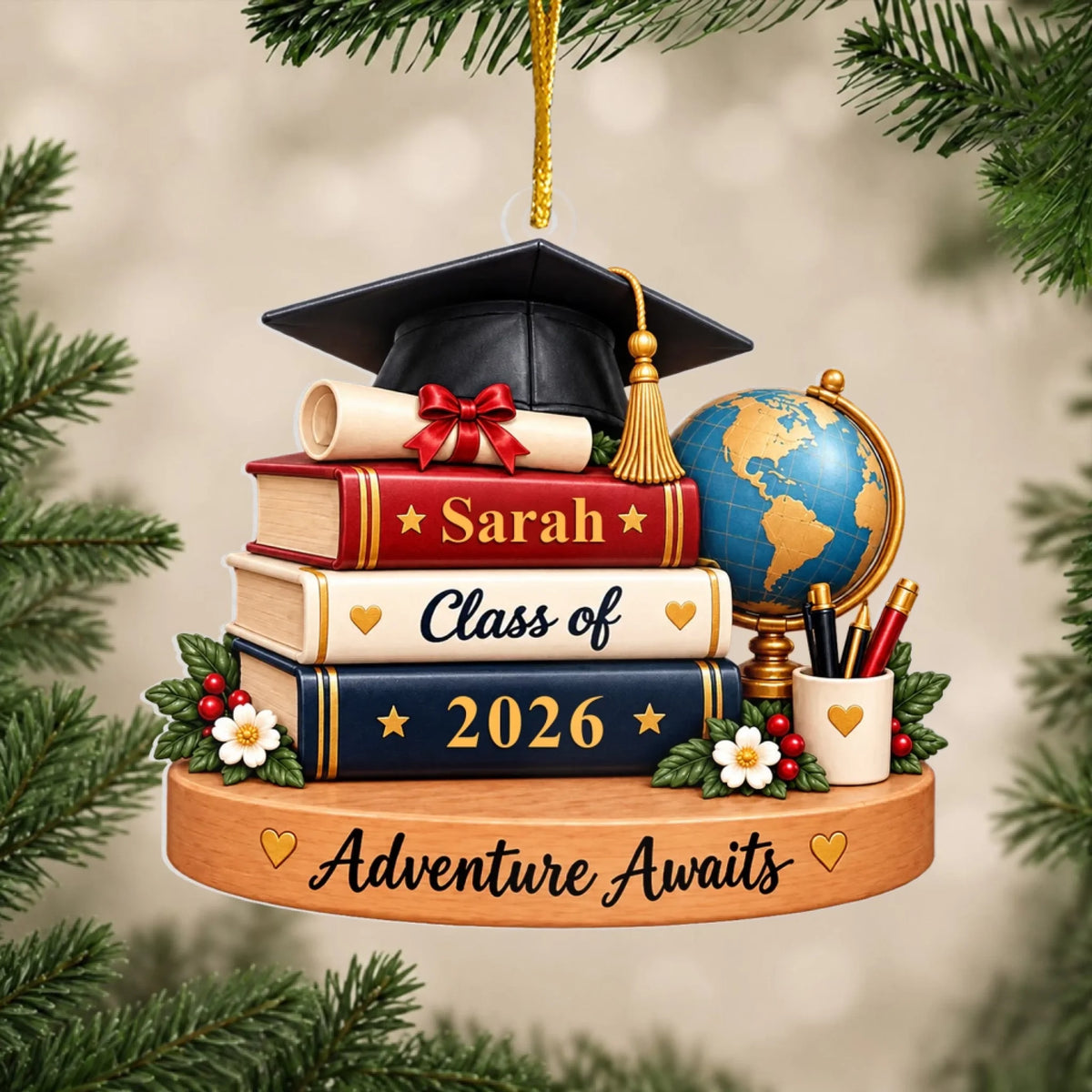Stacked Graduation Books And Cap - Personalized Acrylic Ornament, Custom Name Graduation Gift, Grad Keepsake