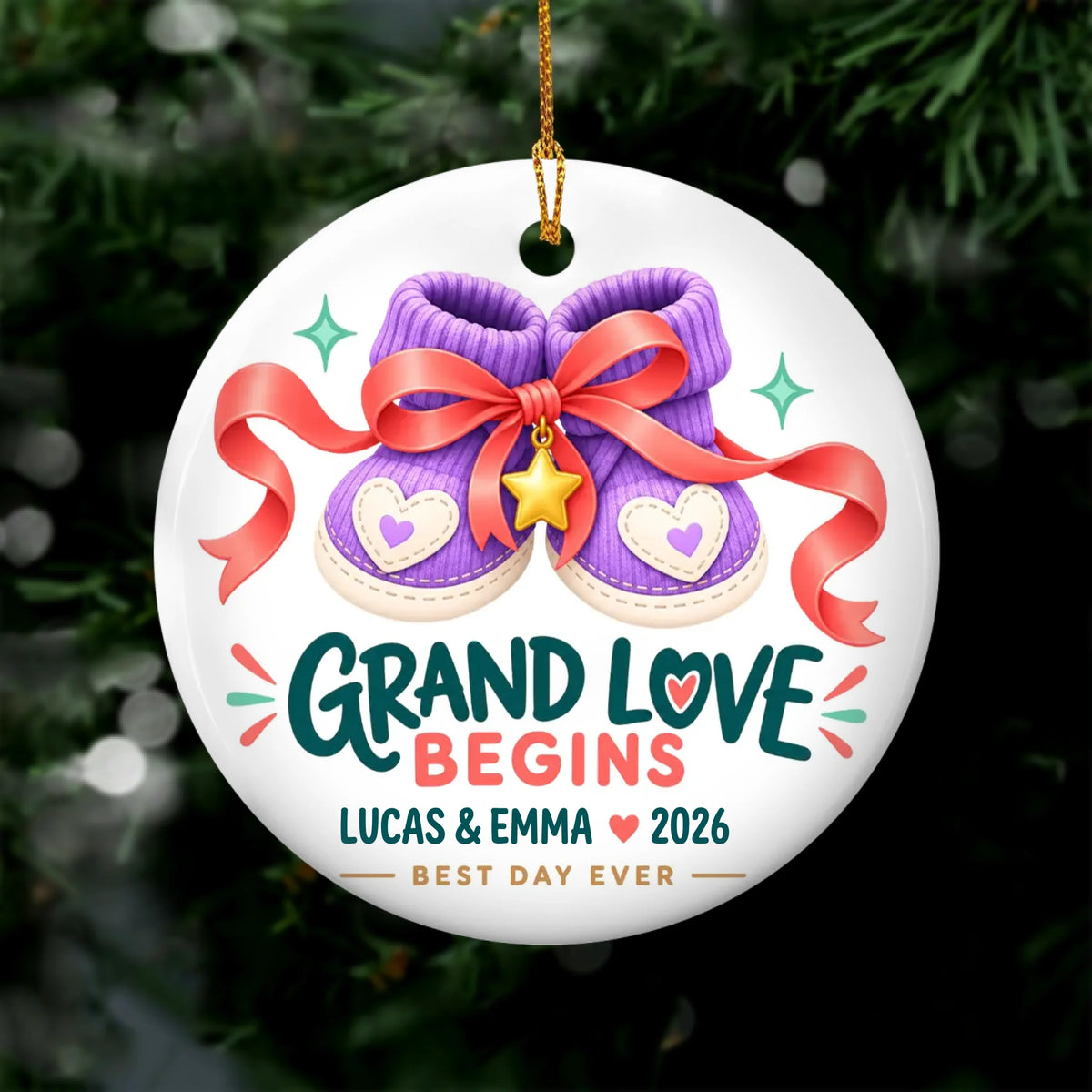 Grand Love Begins Baby Announcement Ornament, Custom Names and Year, Gift for Grandma and Grandpa, Personalized Grandparents Christmas Ceramic Ornament