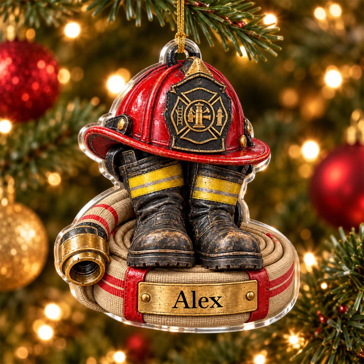 Firefighter Gear - Personalized Acrylic Ornament, Custom Name Flat Acrylic Christmas Ornament, Gift for Firefighter