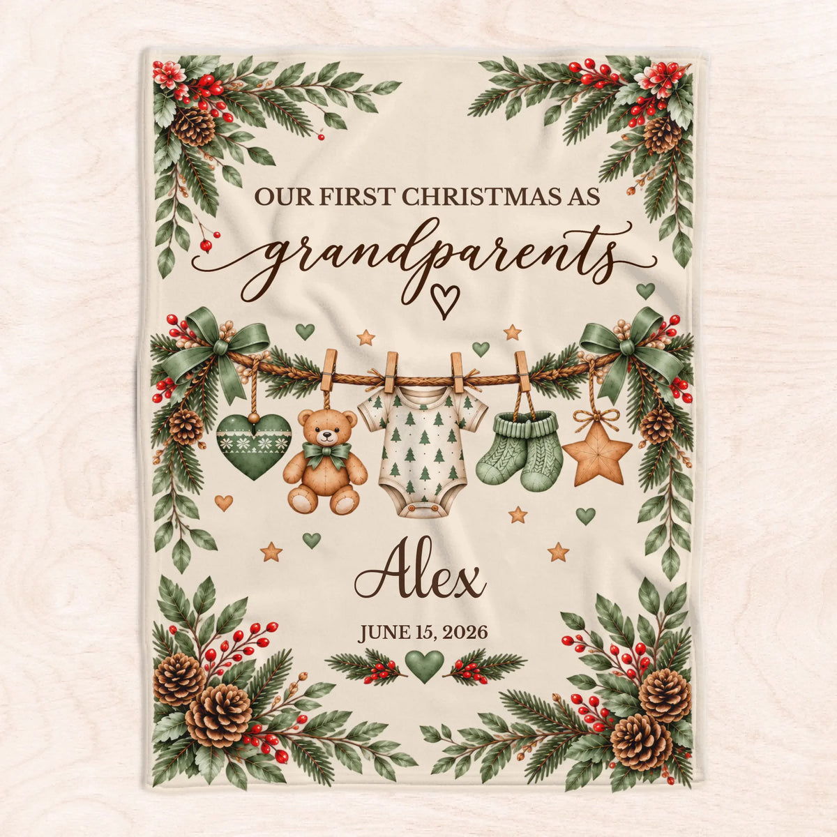 Custom Baby Name and Date, New Grandma Grandpa Gift, Christmas Keepsake Throw, Personalized First Christmas as Grandparents Blanket