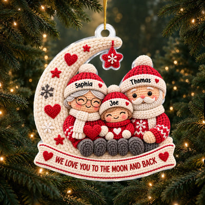 Knitted Grandparents and Granddaughter Family Moon - Personalized Acrylic Ornament, Christmas Gift for Grandma