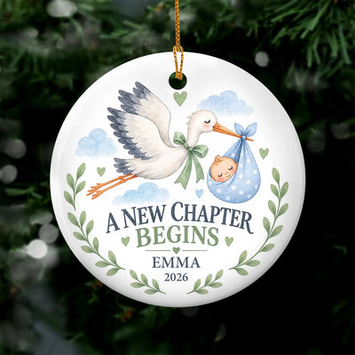 Personalized Baby's First Christmas Ceramic Ornament, Custom Baby Name and Year Stork Ornament, A New Chapter Begins, Newborn Keepsake, New Baby Gift