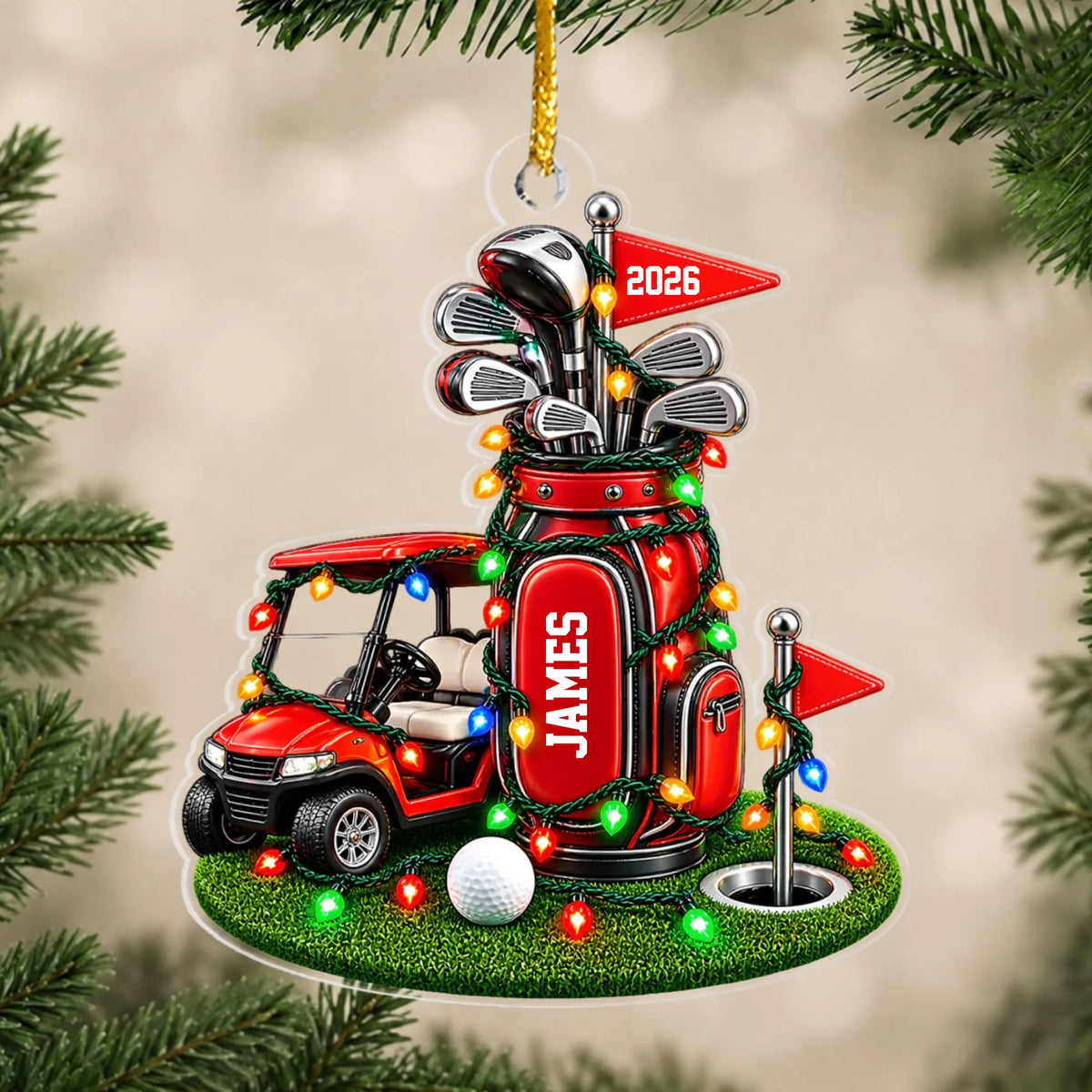 Golf Cart and Bag Faux-3D - Personalized Acrylic Ornament, Gift for Golf Lovers