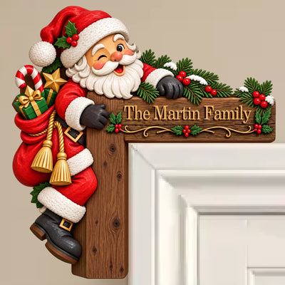 Cozy Christmas Santa - Personalized Door Corner Wood Sign, Peeking Santa, Christmas Door Decor