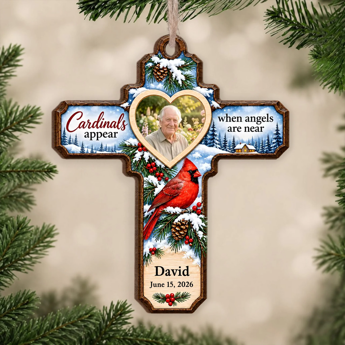 Cardinals Appear When Angels Are Near- Personalized Wooden Ornament, Winter Cardinal Cross Memorial Ornament