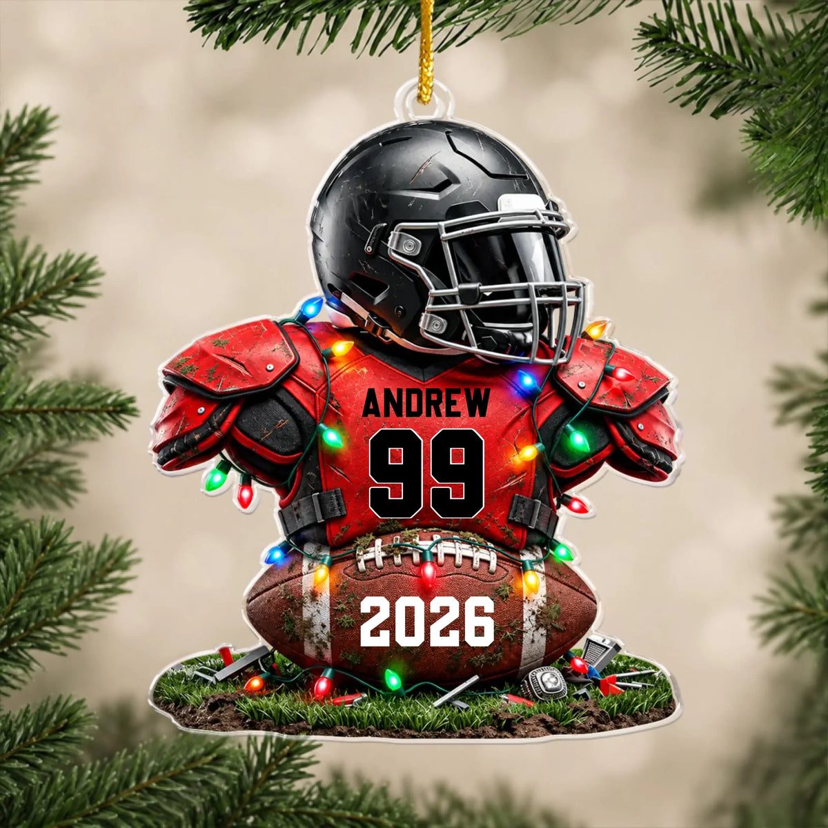 Dream Big Play Hard - Personalized Acrylic Ornament, Custom Name And Number Football Player Ornament
