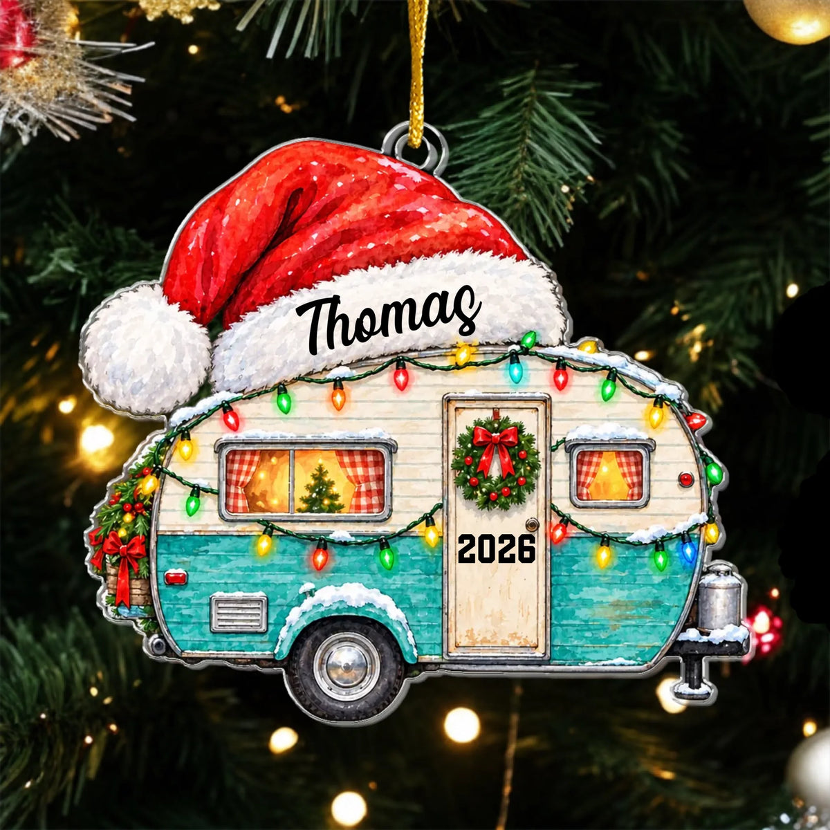 Watercolor Camper Santa Hat - Personalized Acrylic Ornament, Custom Name Camper Christmas Ornament, Gift For Camping Lovers