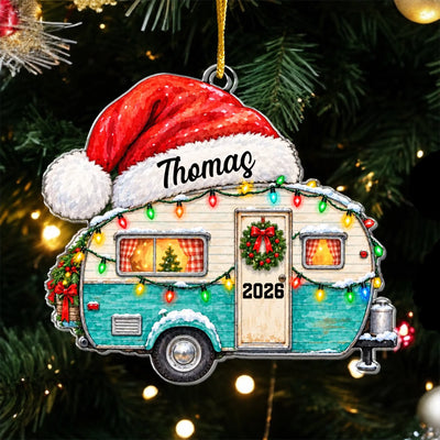 Watercolor Camper Santa Hat - Personalized Acrylic Ornament, Custom Name Camper Christmas Ornament, Gift For Camping Lovers