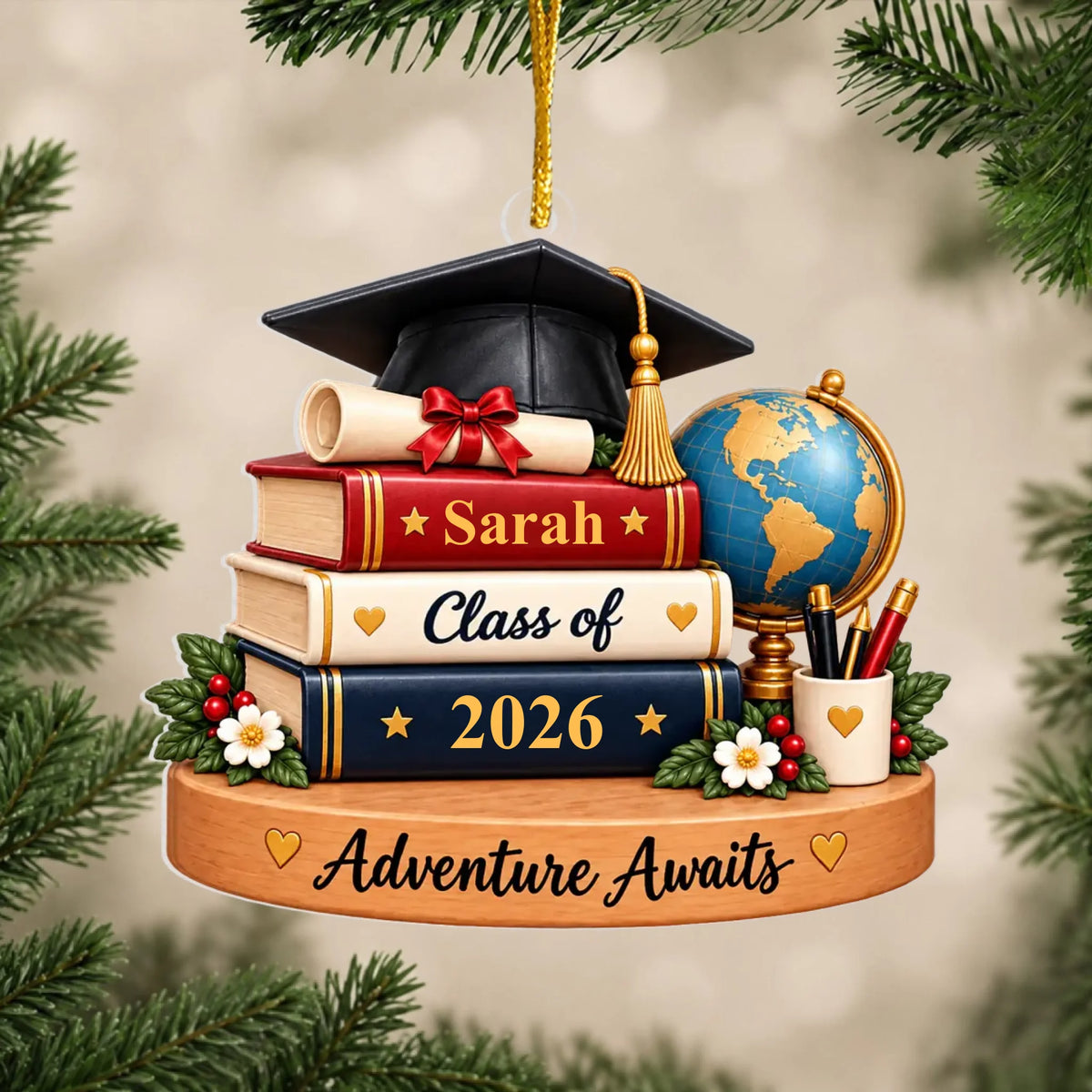Stacked Graduation Books And Cap - Personalized Acrylic Ornament, Custom Name Graduation Gift, Grad Keepsake