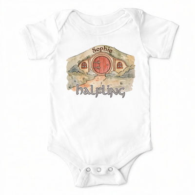 Halfling- Personalized Baby Onesie, Fantasy Baby Outfit, Hobbit Hole Door Bodysuit