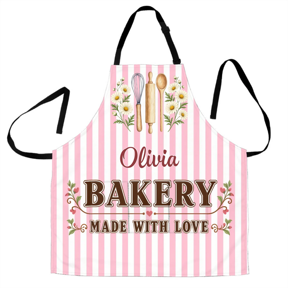Bakery Made With Love - Personalized Apron, Custom Name Striped Floral Baking Utensils Apron