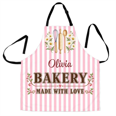Bakery Made With Love - Personalized Apron, Custom Name Striped Floral Baking Utensils Apron