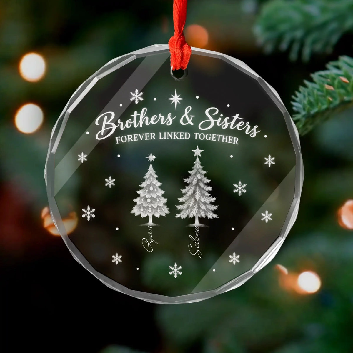 Etched Frost Winter Pines Sibling - Personalized Glass Ornament, Christmas Family Gift