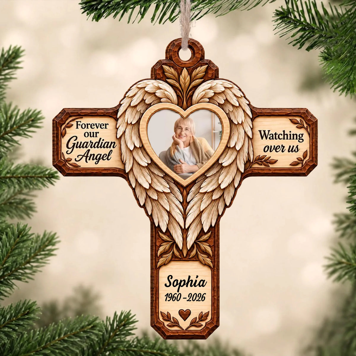 Forever Our Guardian Angel - Personalized Wooden Ornament, Faux Carved Wood Angel Wings Cross Memorial Ornament