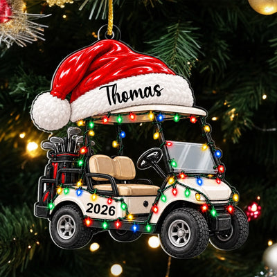Golf Cart Santa Hat - Personalized Acrylic Ornament, Custom Name Golf Lovers Christmas Ornament