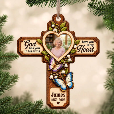 God Has You In His Arms I Have You In My Heart- Personalized Wooden Ornament, Faux Carved Wood Cross Memorial Ornament with Butterflies