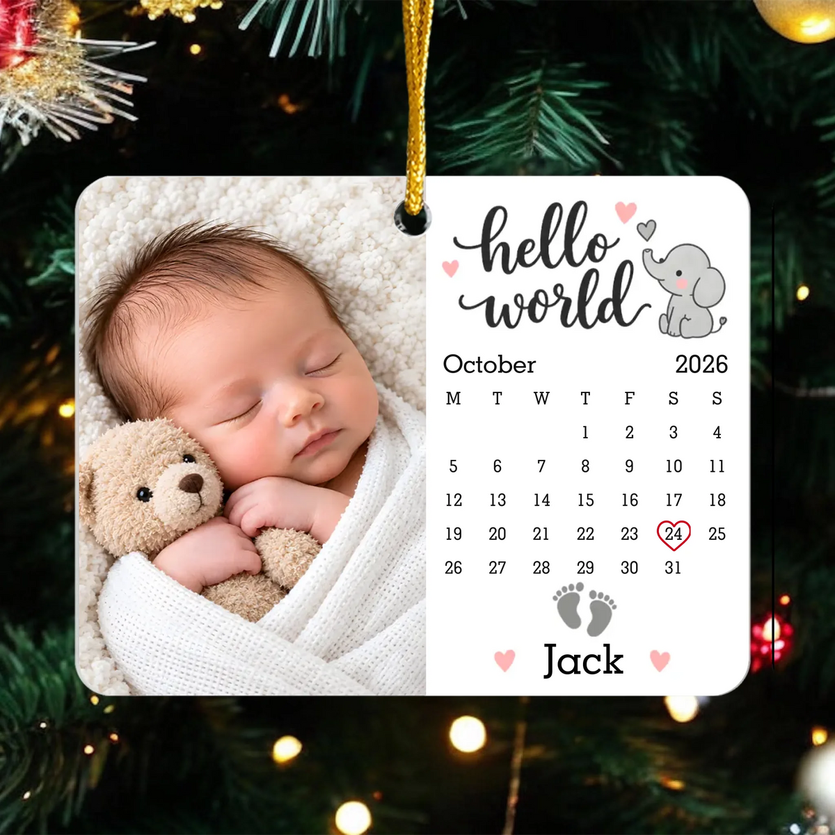 Hellow World - Personalized Acrylic Ornament, Custom New Baby Calendar Photo Gift, First Christmas Ornament