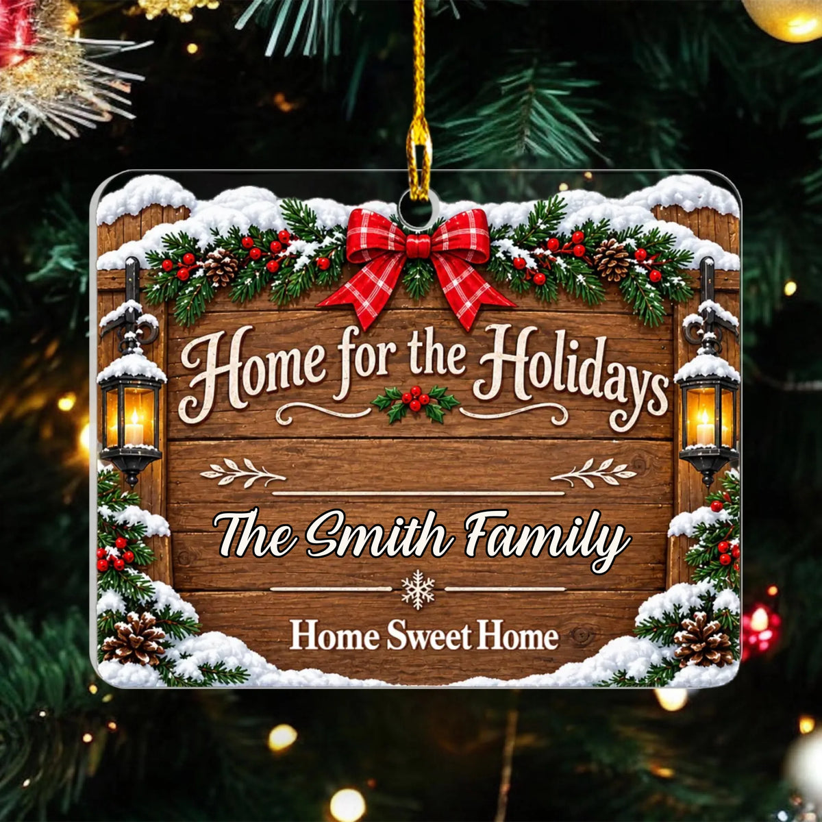 Home For The Holidays - Personalized Acrylic Ornament, Rustic Wood Address Sign Christmas Gift