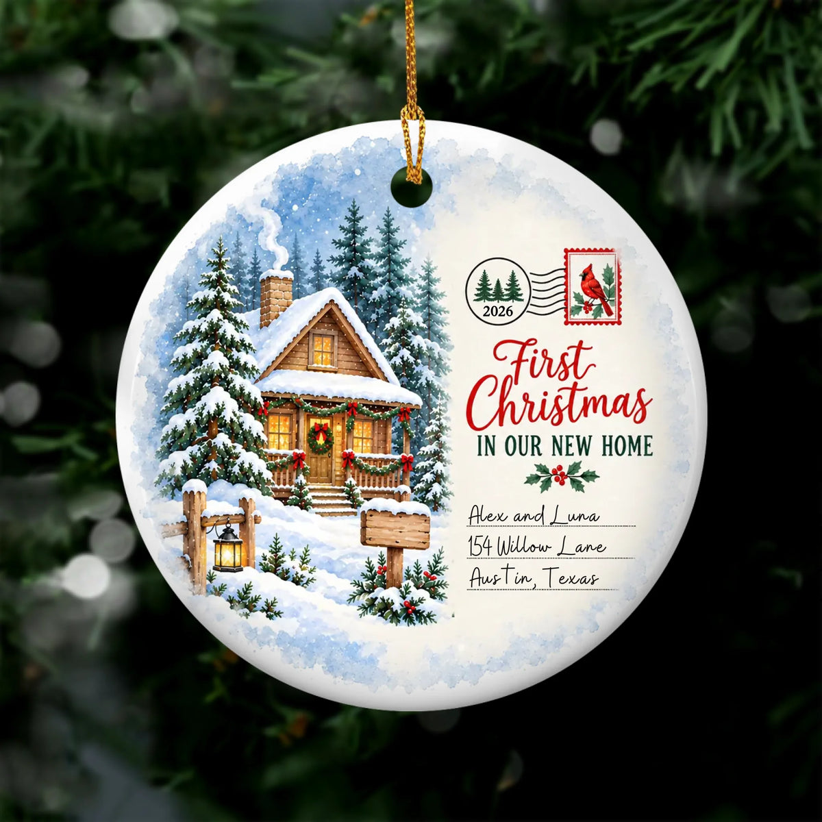 Watercolor Winter Cabin- Personalized Rectangle Ceramic Ornament, Christmas Gift