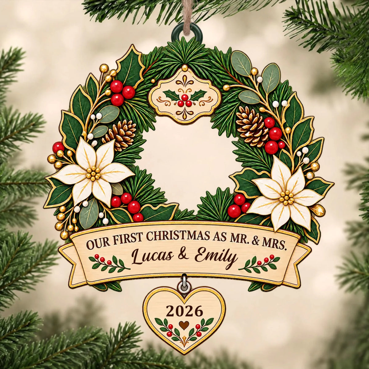 First Christmas As Mr &amp; Mrs - Personalized Wooden Ornament, Elegant Wreath Home Decor