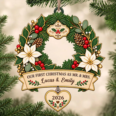 First Christmas As Mr & Mrs - Personalized Wooden Ornament, Elegant Wreath Home Decor