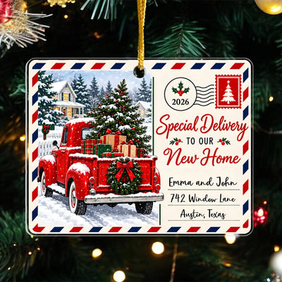 Special Delivery To Our New Home - Personalized Acrylic Ornament, Vintage Moving Truck Christmas Gift