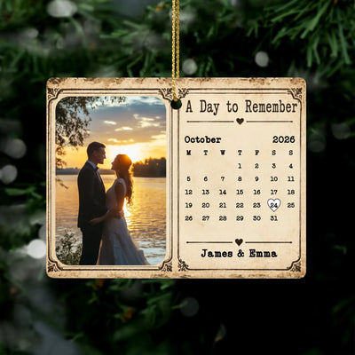A Day To Remember- Personalized Rectangular Ceramic Ornament , Vintage Almanac Calendar Photo Anniversary Gift