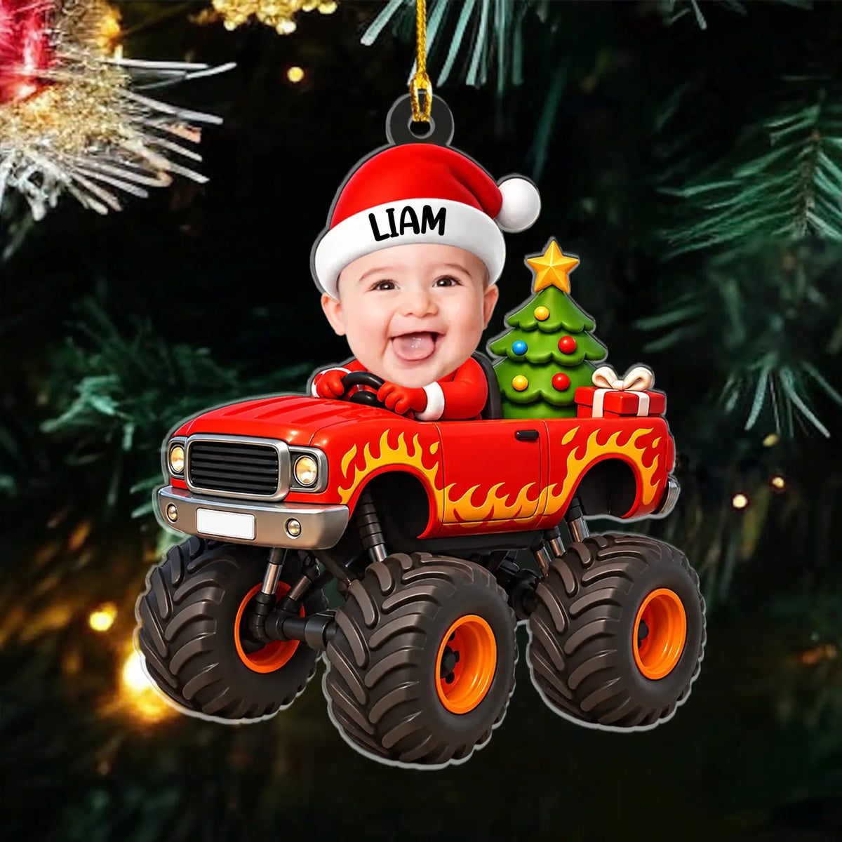 Personalized red monster truck acrylic ornament – personalization preview
