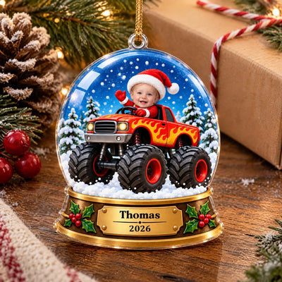 Baby In The Monster Truck Snow Globe - Personalized Acrylic Ornament, Custom Name Photo And Year Ornament