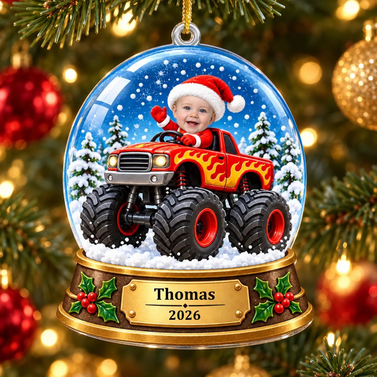 Personalized monster truck snow globe acrylic ornament – personalization preview