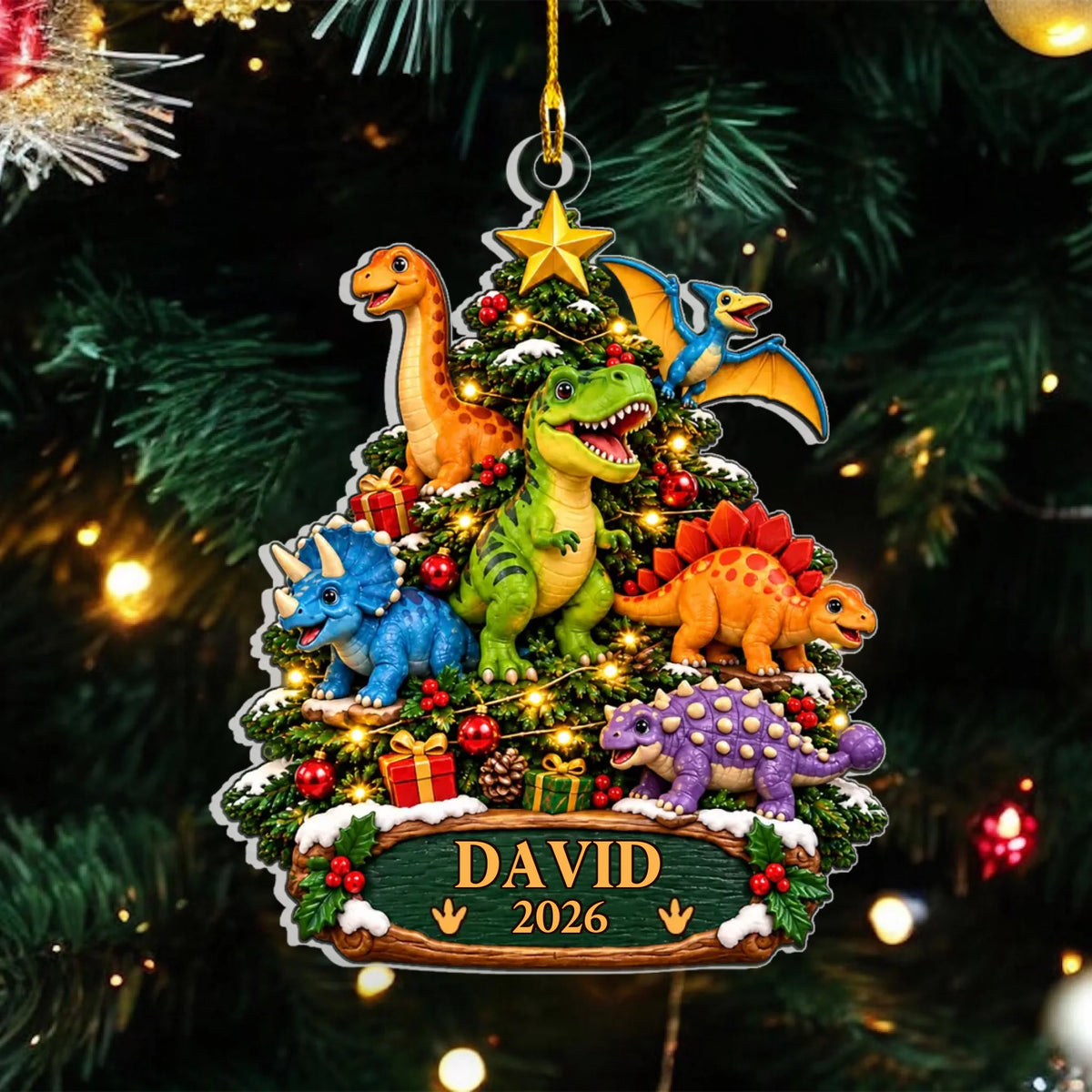 Personalized Dinosaur Acrylic Christmas Ornament for Kids - CustomizeAF™