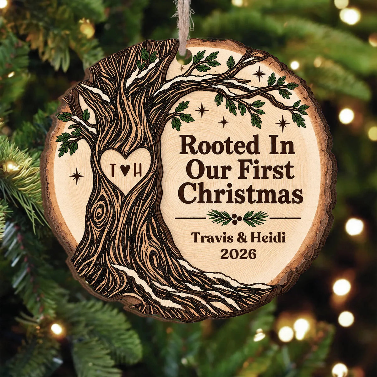 Personalized Wooden Ornament Rooted In Our First Christmas – personalization preview