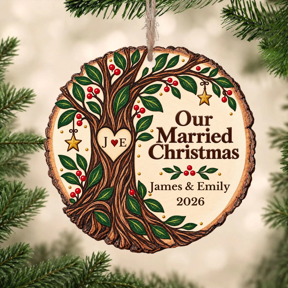 Personalized Wooden Ornament Our Married Christmas – personalization preview