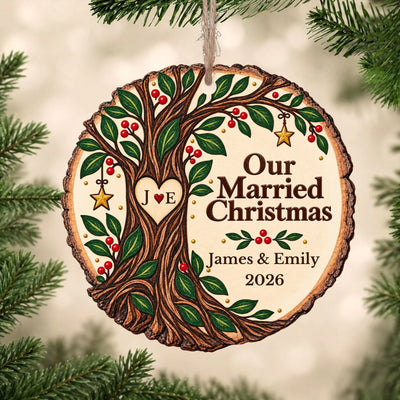 Personalized Wooden Ornament Our Married Christmas – personalization preview