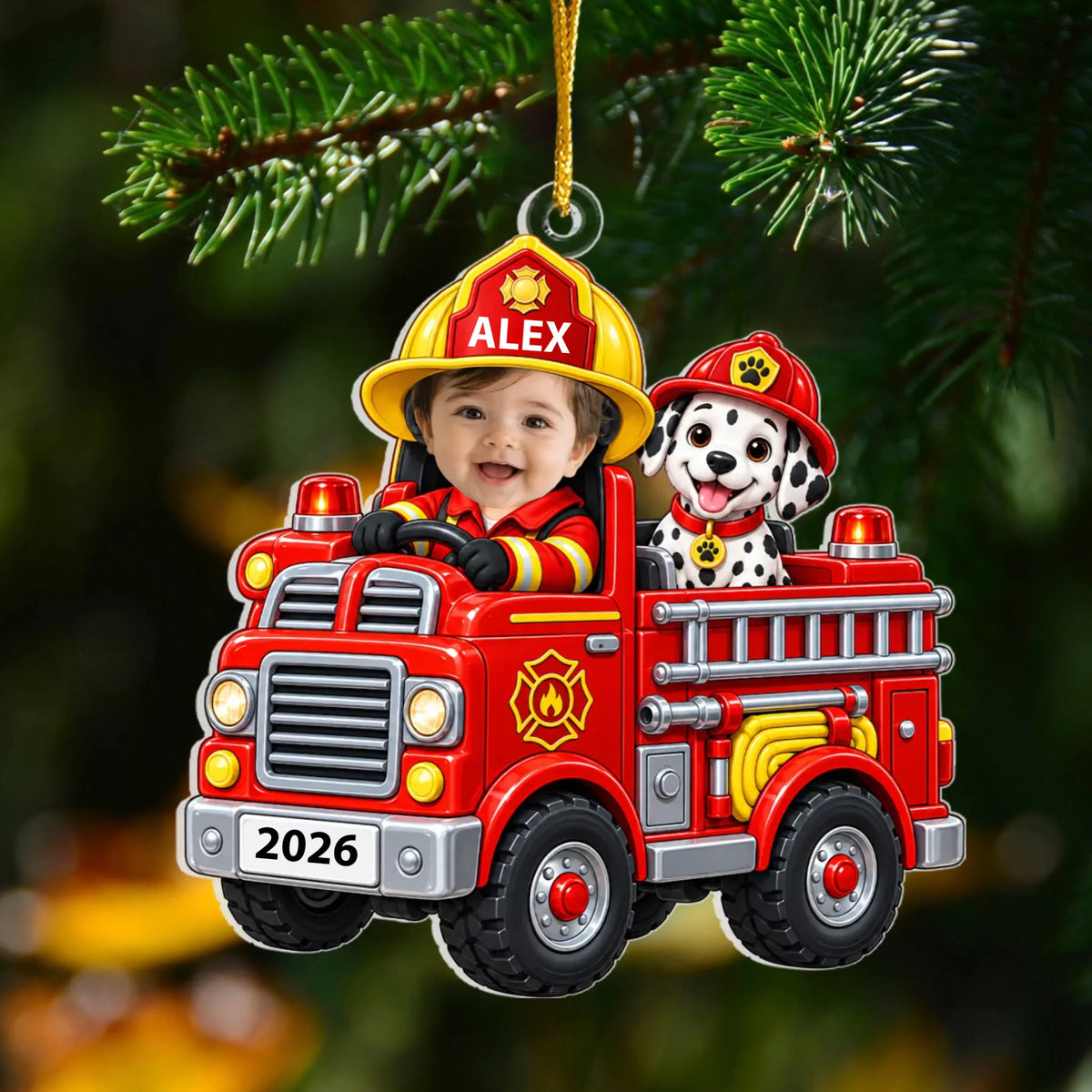 Personalized acrylic ornament baby fire engine – personalization preview