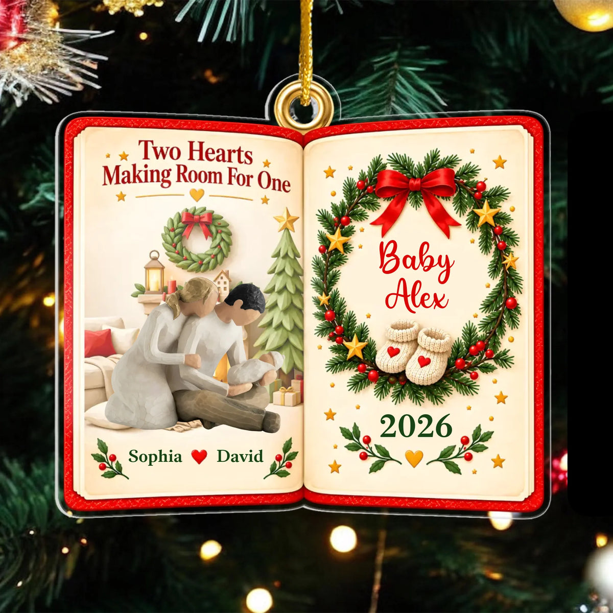 Personalized acrylic ornament Two Hearts Making Room For One – personalization preview