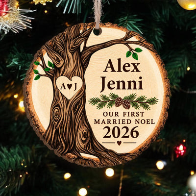 Personalized wooden ornament Our First Married Noel – personalization preview