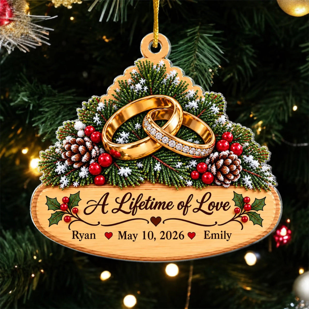 Personalized golden rings acrylic ornament – personalization preview
