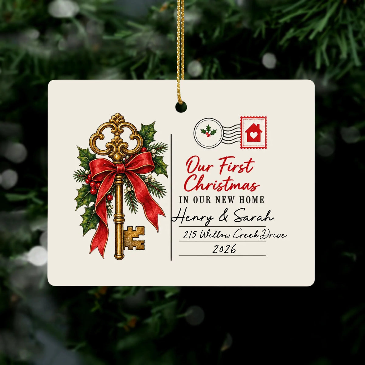 Our First Christmas - Personalized Rectangle Ceramic Ornament, Vintage Skeleton Key Postcard Christmas Rectangular Ornament