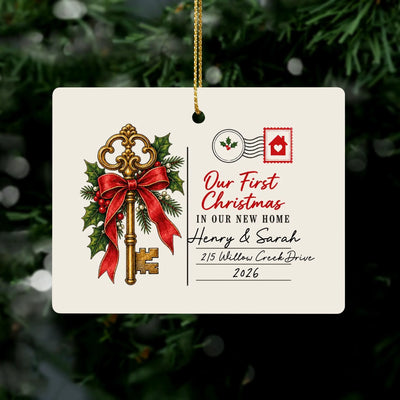 Our First Christmas - Personalized Rectangle Ceramic Ornament, Vintage Skeleton Key Postcard Christmas Rectangular Ornament