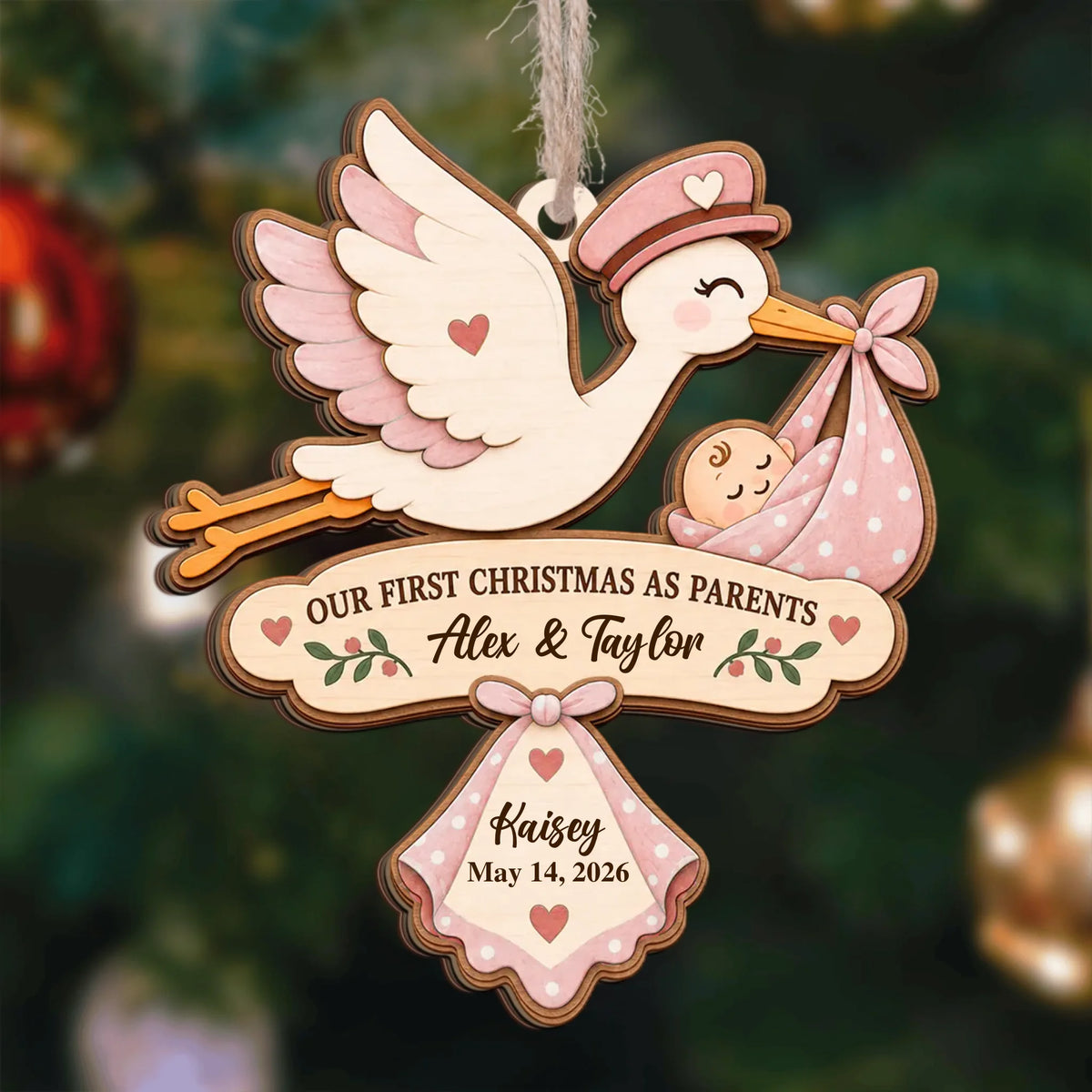 Our First Christmas As Parents Personalized Wooden Ornament – personalization preview