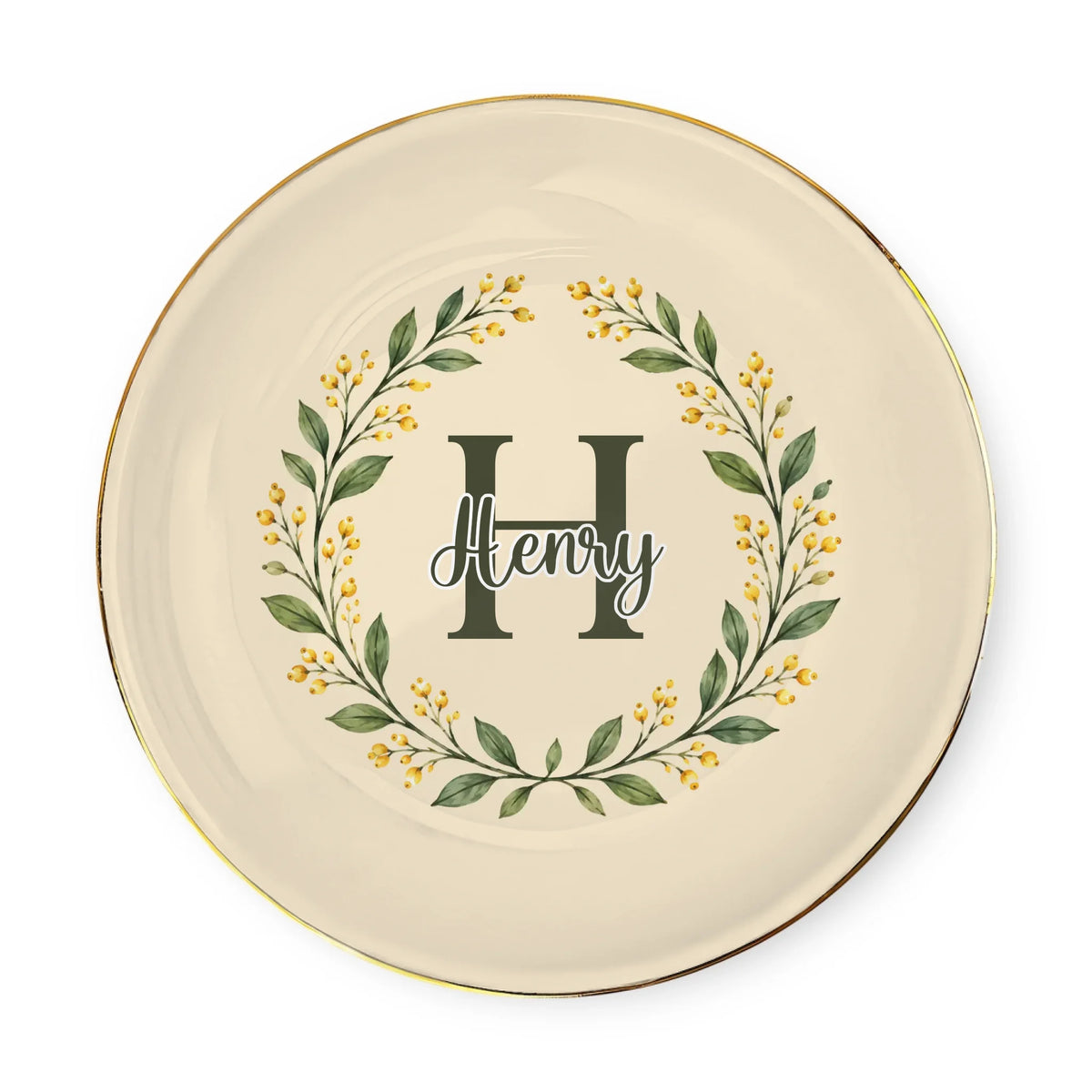 Monogram botanical wreath custom ceramic dish – personalization preview