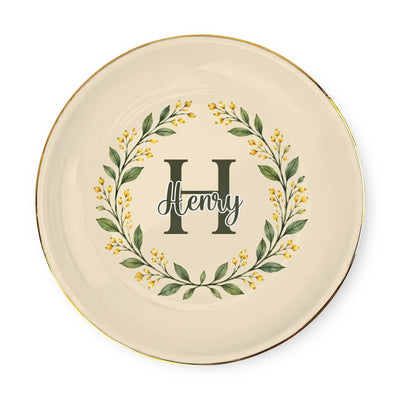 Monogram botanical wreath custom ceramic dish – personalization preview