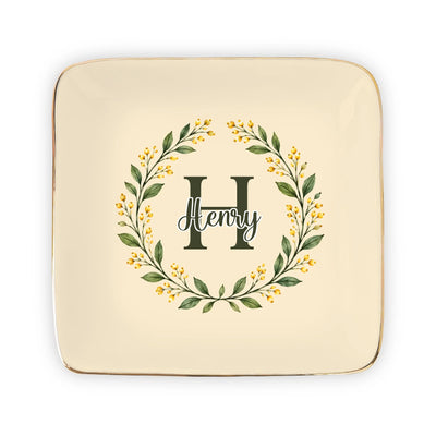 Monogram botanical wreath custom ceramic dish – personalization preview 2