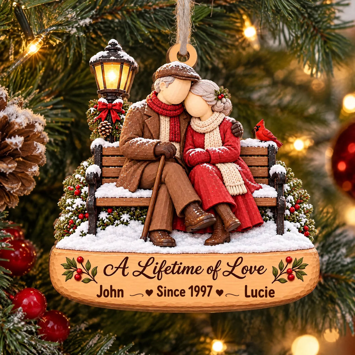 Personalized Wooden Couple Christmas Ornament – personalization preview