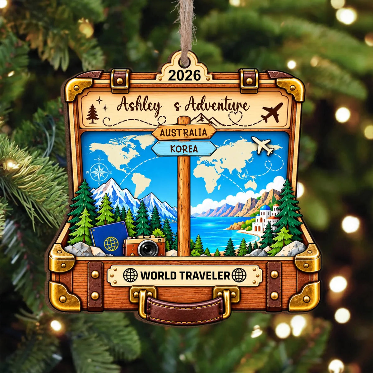 Personalized suitcase wooden ornament – personalization preview