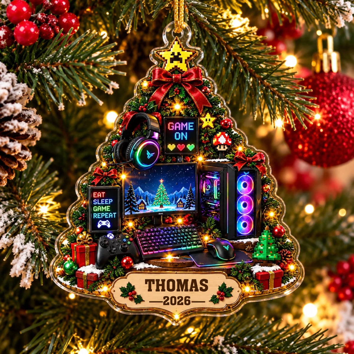 Personalized Gamer Christmas Tree Acrylic Ornament – personalization preview