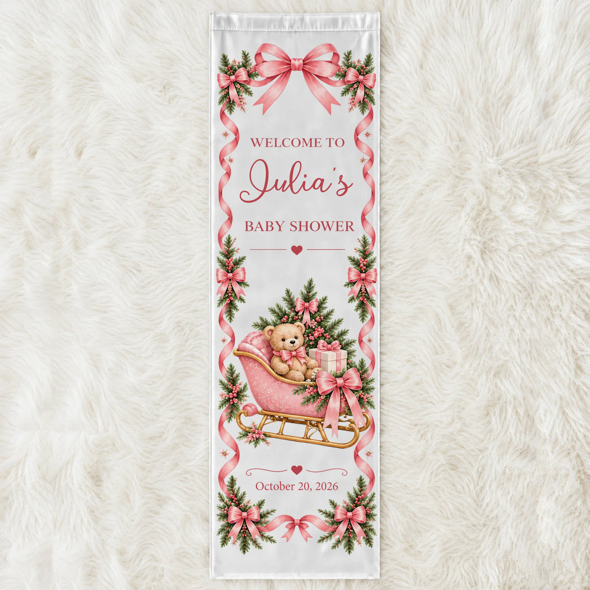 Personalized Pink Teddy Bear Sleigh Banner – personalization preview