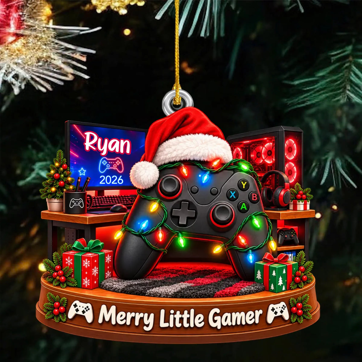 Personalized Acrylic Santa Hat Controller Ornament – personalization preview