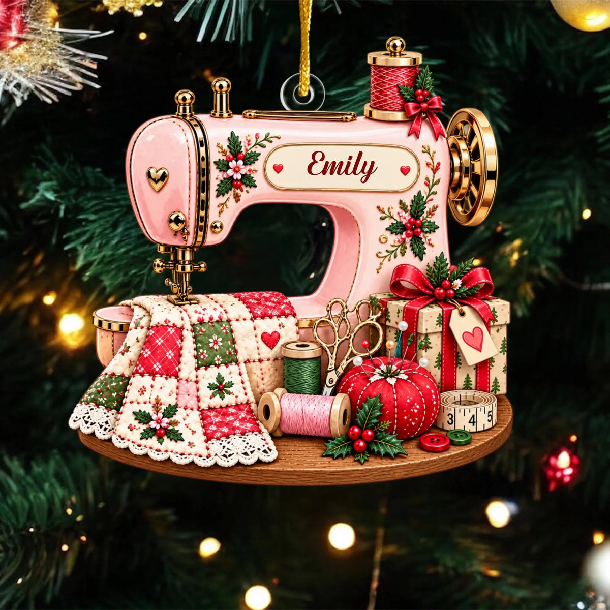 Personalized Sewing Machine Acrylic Ornament – personalization preview